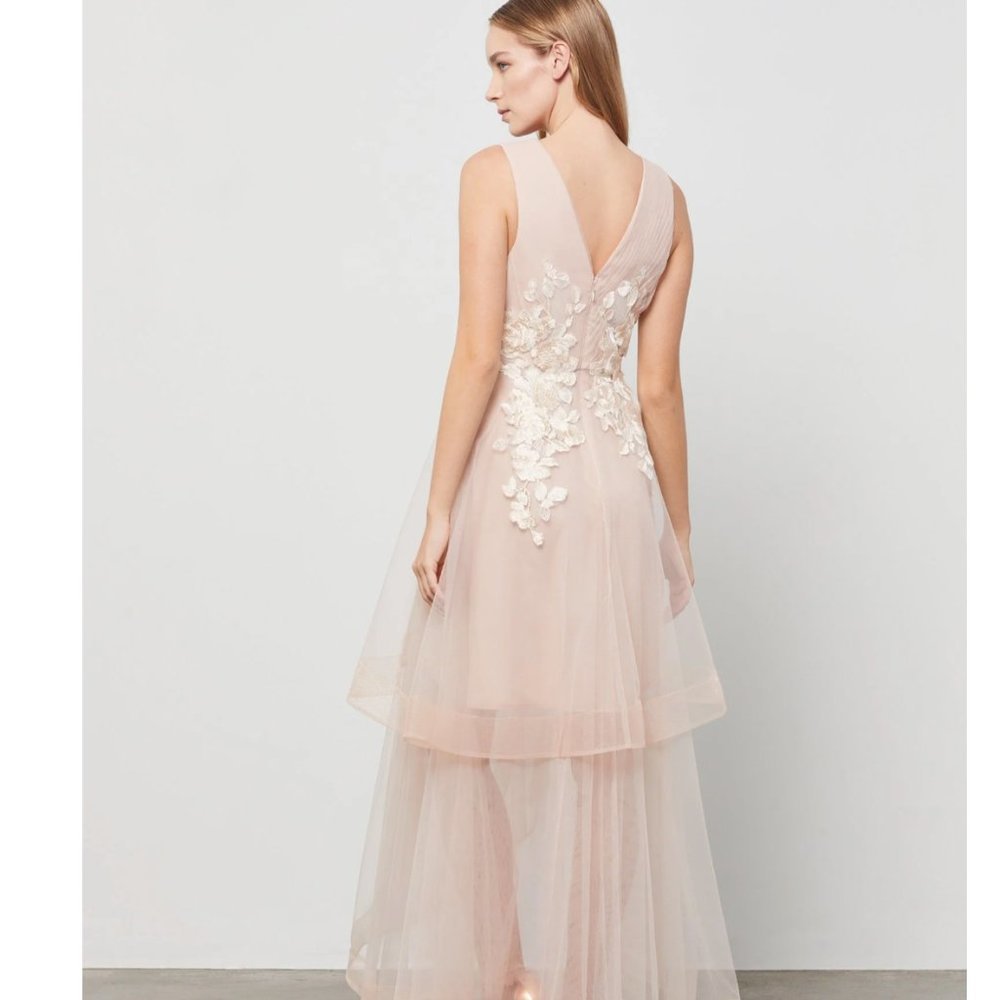 BCBG Max Azria Floral Sheer Embroidered Appliquéd Asymmetrical Gown Nude Pink - Picture 3 of 8
